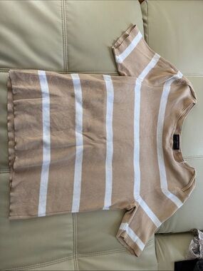 Lane Bryant Beige & White Striped Short Sleeve Tee